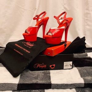 Pleaser Kiss 209 red patent high heel sandals with a 6’ heel and 1 3/4’ platform